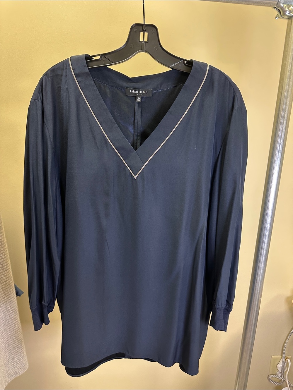 Lafayette 148 New York Navy V-Neck Long-Sleeve Blouse with Cream Trim